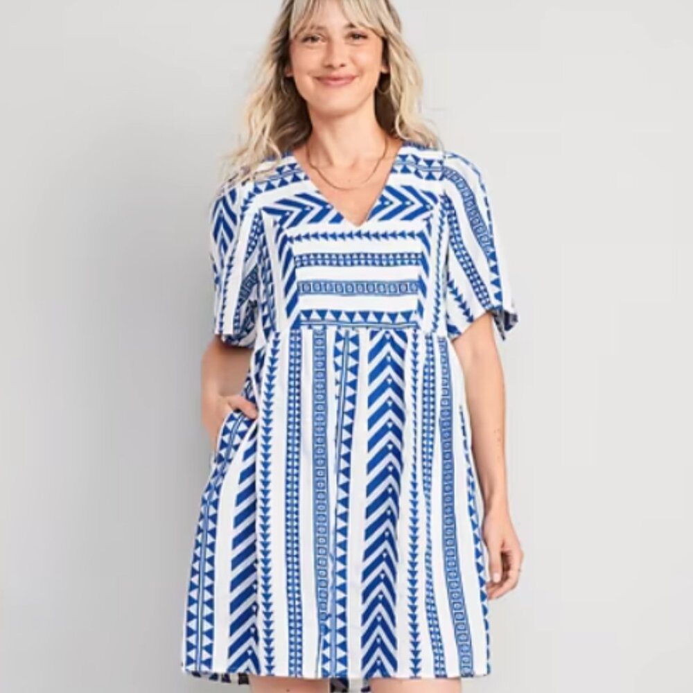 Flutter-Sleeve V-Neck Jacquard Mini Swing Dress - Tanzanite